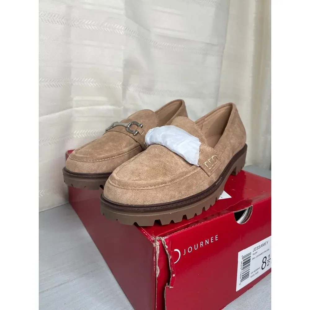 Journee Collection Jessamey Horse Bit Loafer Flats Taupe Suede Size 8.5